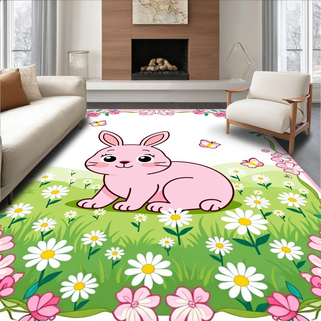 Pink Bunny Meadow Butterflies Rug