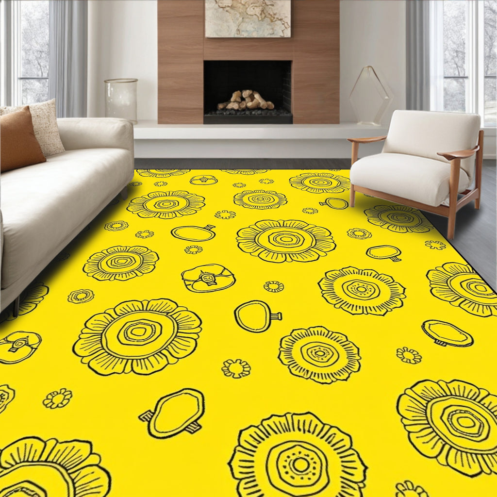 Hand Drawn Yellow Floral Medallion Arrangement Rug
