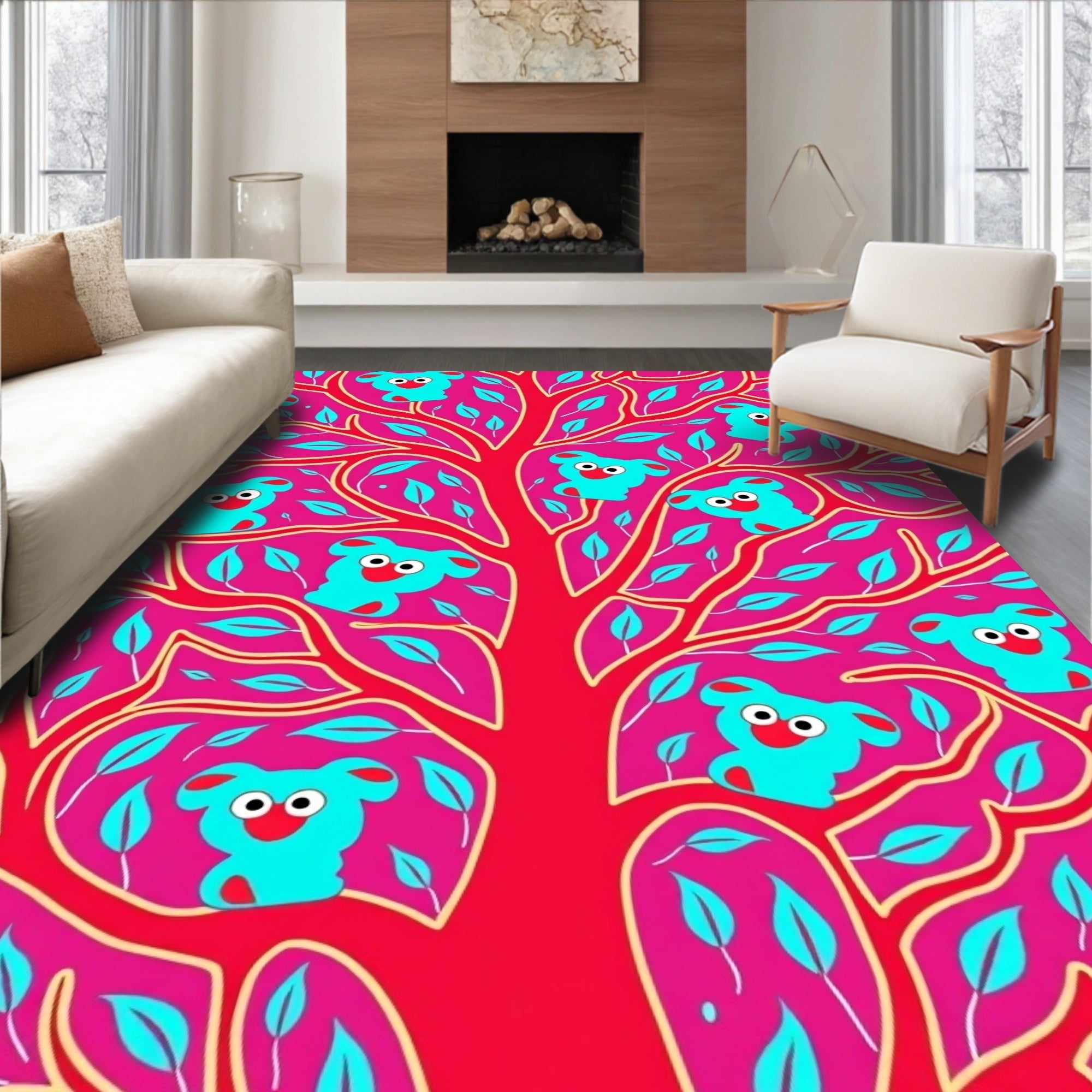 Bright Pink Teal Koala Tree Art Rug