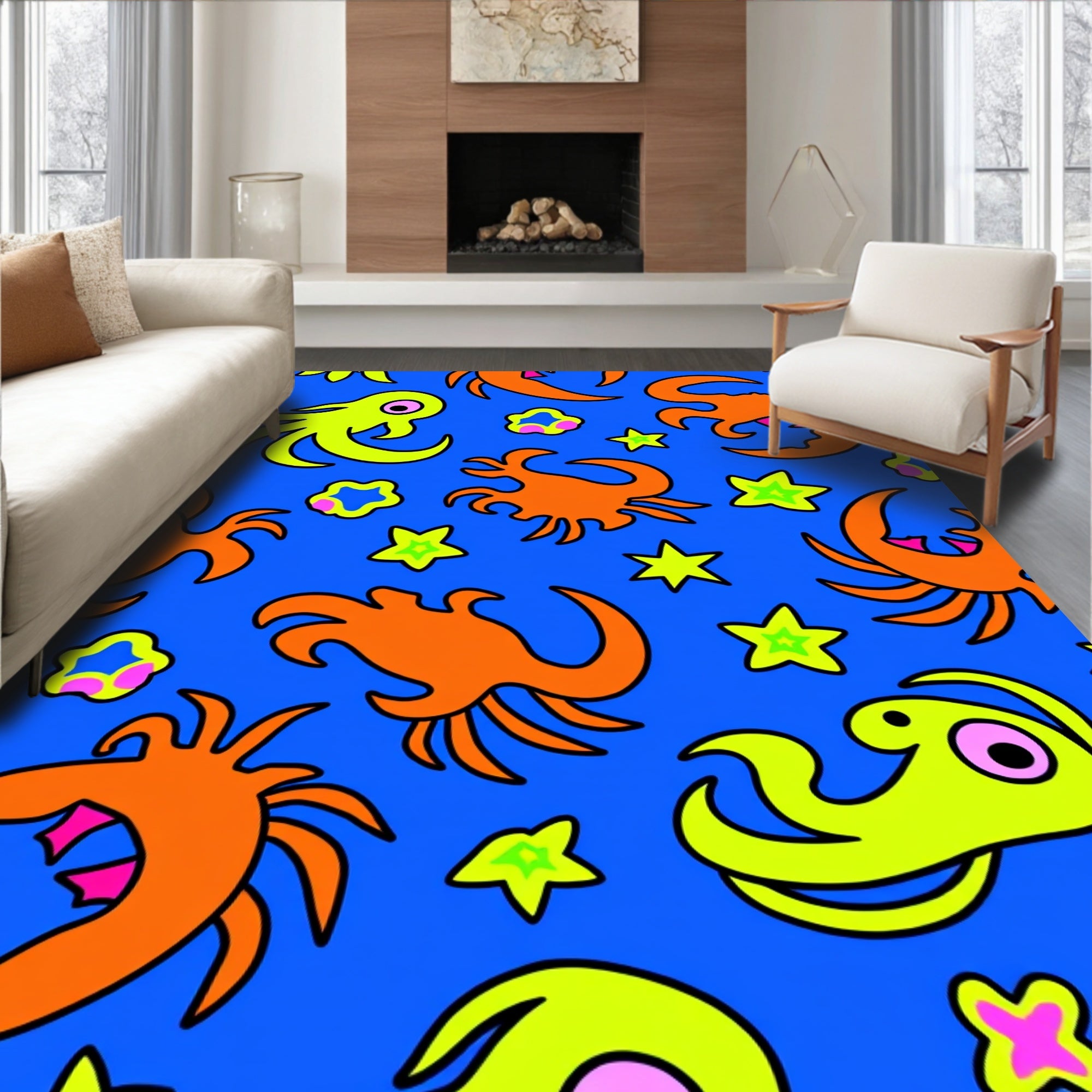 Whimsical Ocean Creatures Yellow Orange Rug