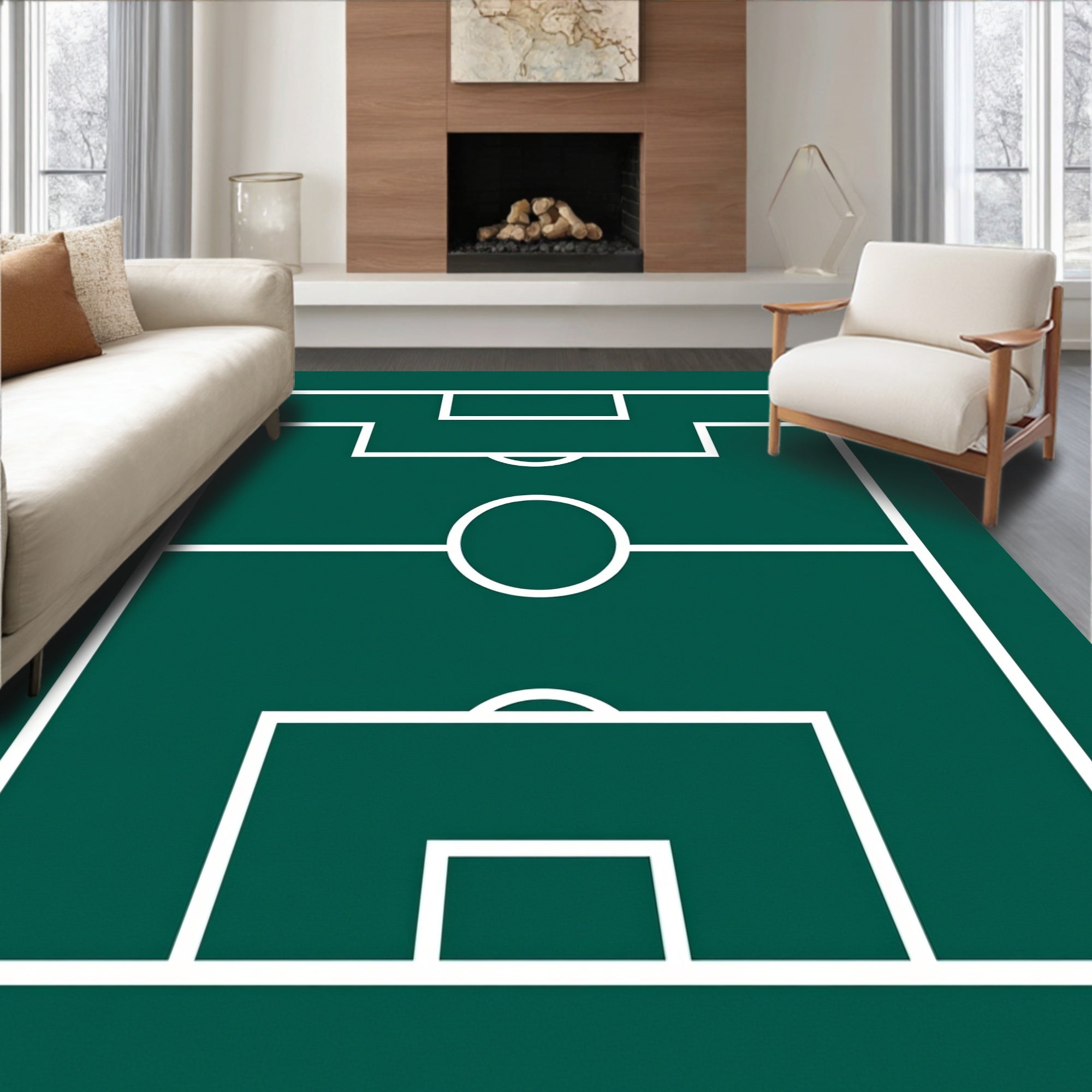 Green Field White Game Lines Rug
