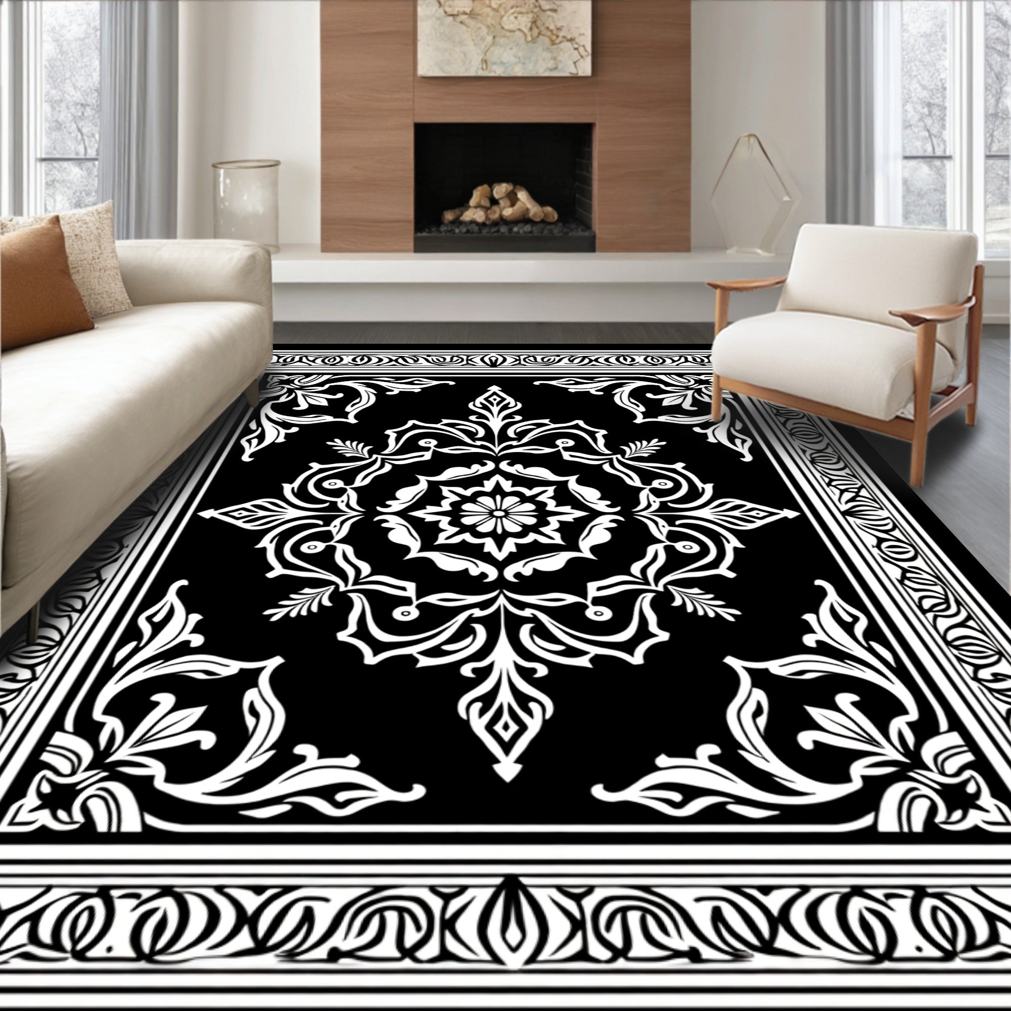 Black White Victorian Floral Medallion Rug