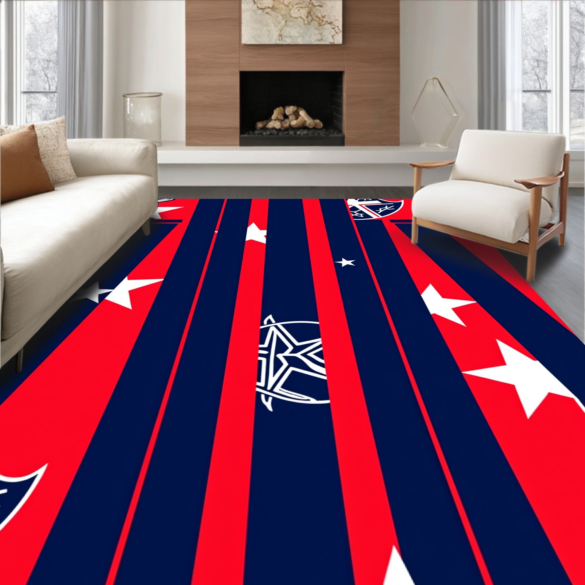 Bold Red Blue Star Emblem Stripes Rug