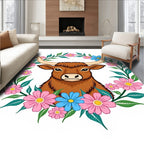 Brown Highland Cow Floral Wreath Rug