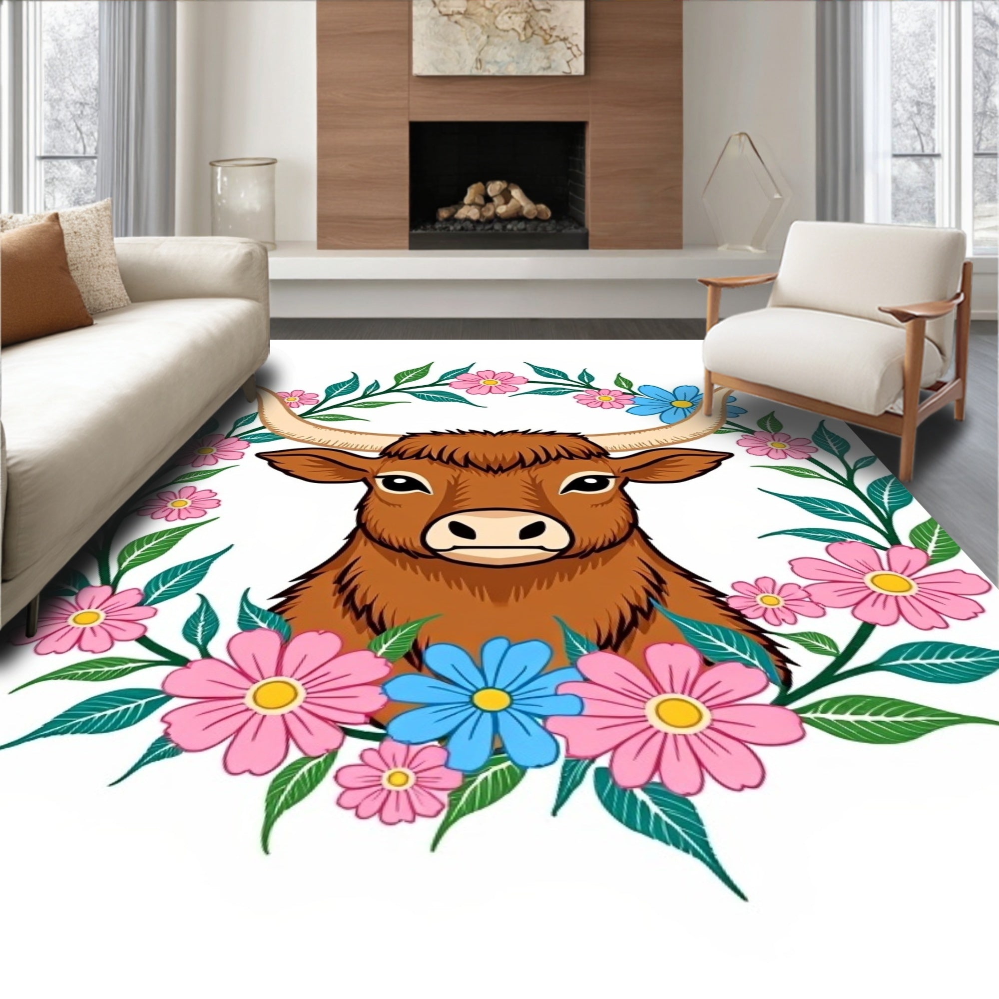 Brown Highland Cow Floral Wreath Rug