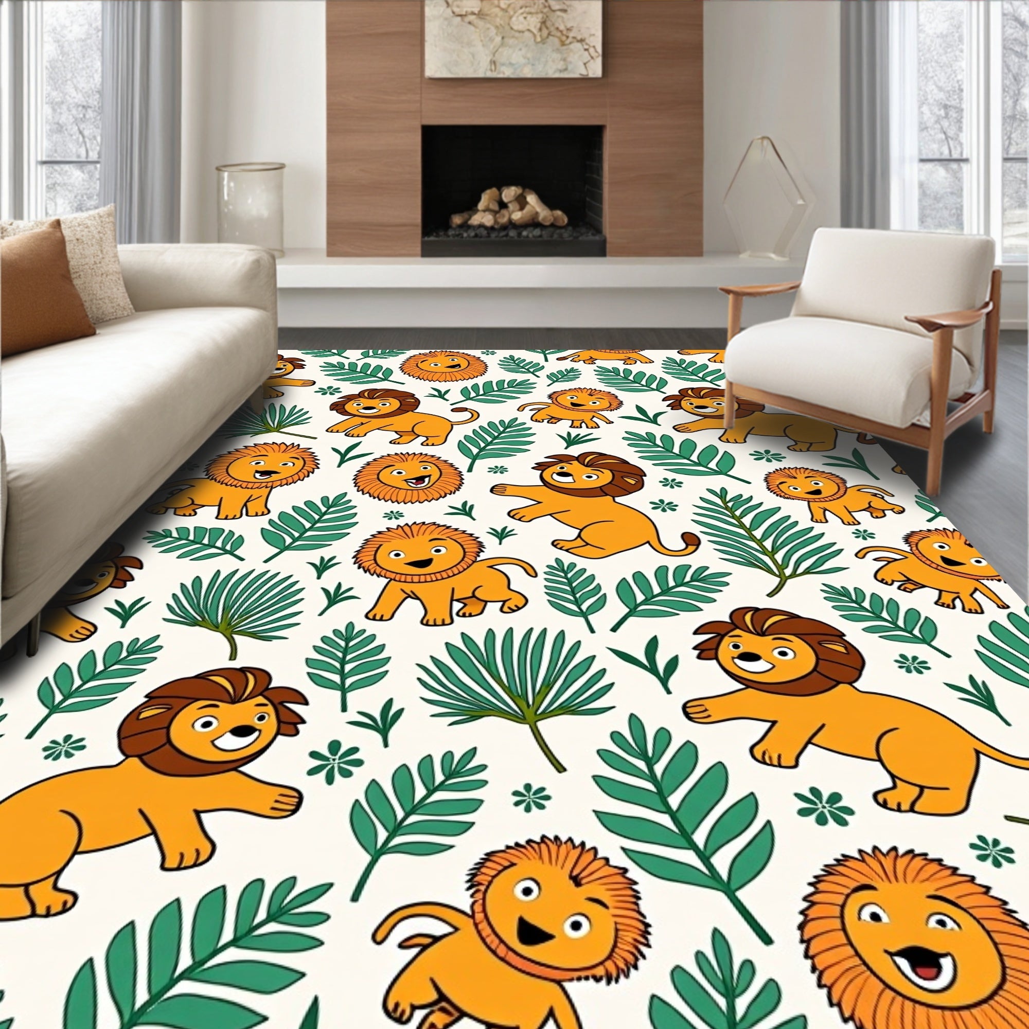 Playful Lion Jungle Leafy Creatures Rug