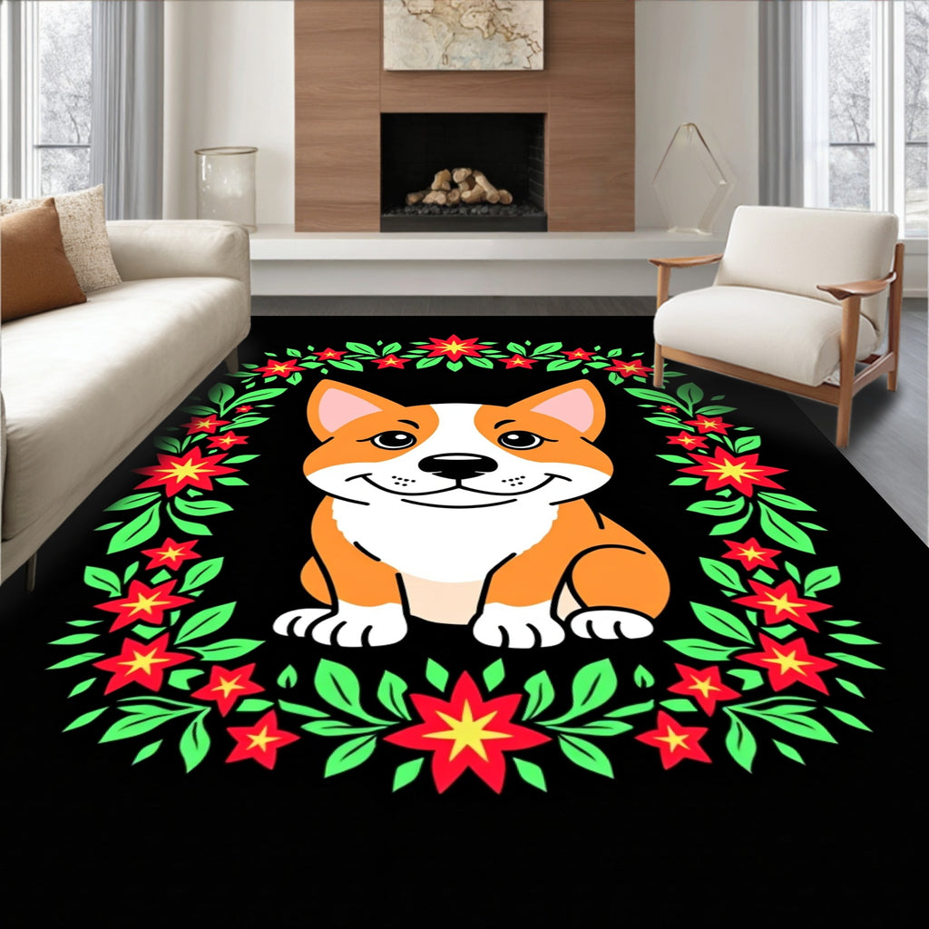 Corgi With Red Flower Wreath Rug
