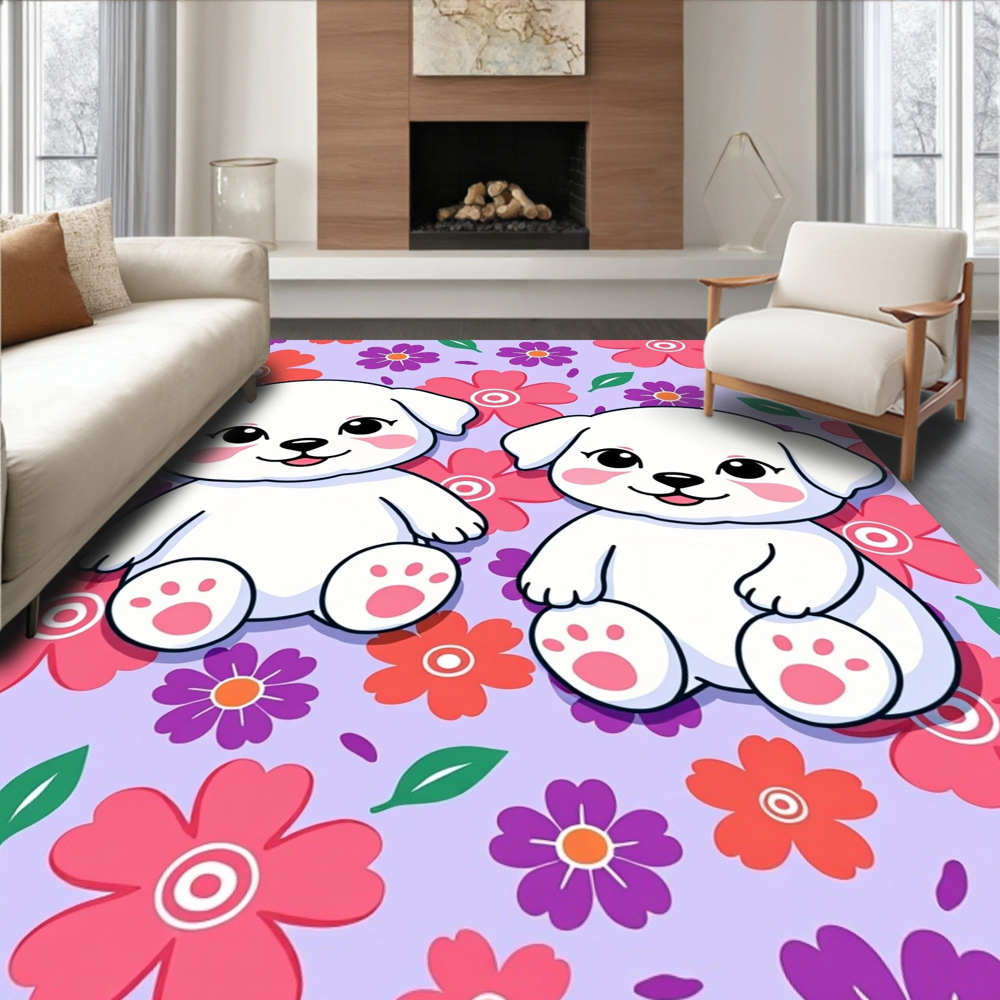 Cute Puppies Floral Background Arrangement Rug