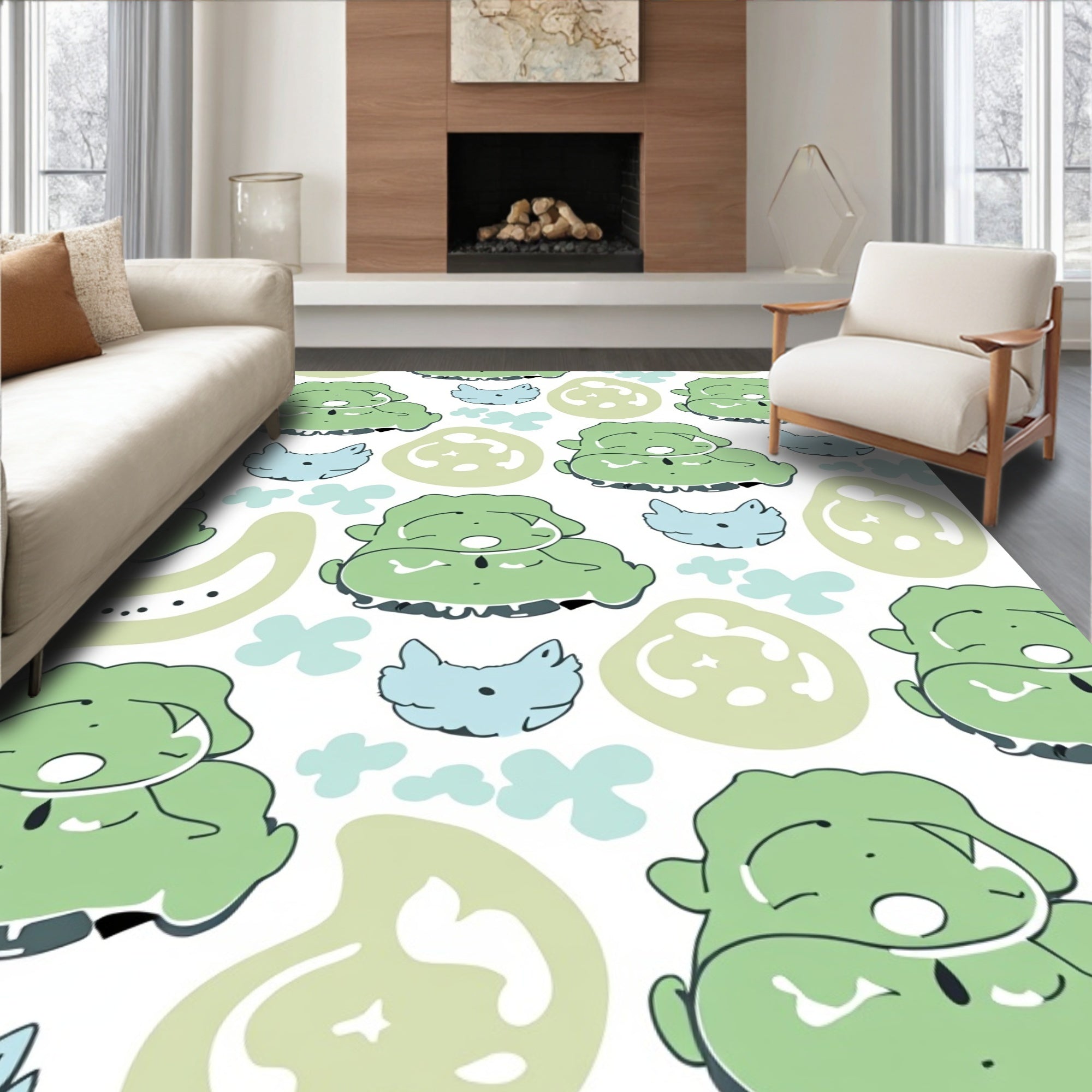 Whimsical Green Cloud Critter Collage Rug