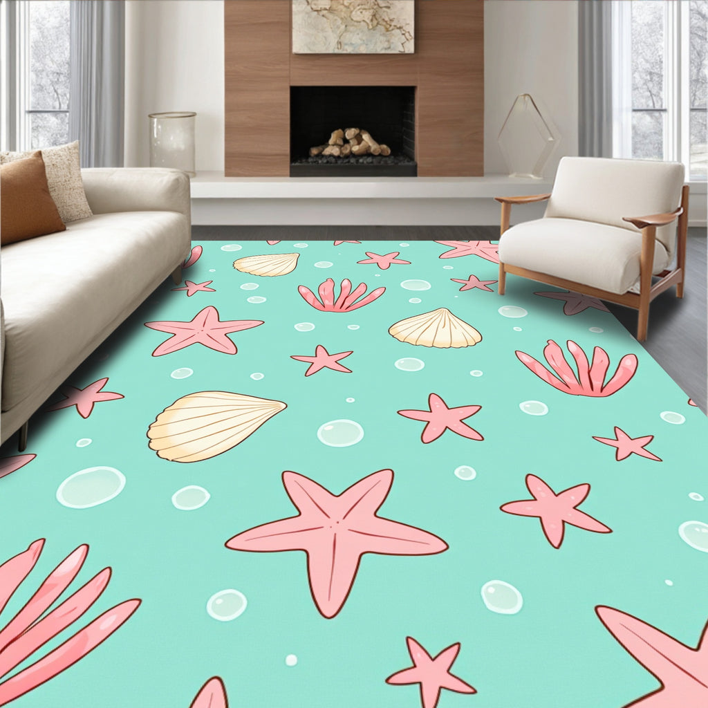 Pink Starfish Shell Bubble Aqua Rug
