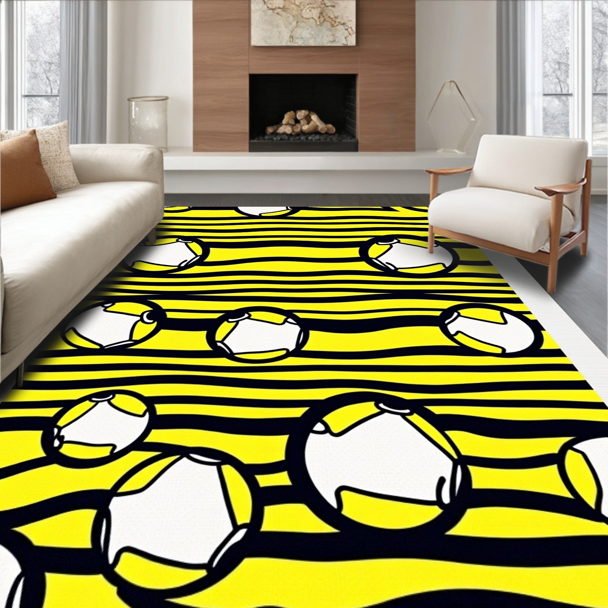 Abstract Yellow Black Stripe Circles Rug
