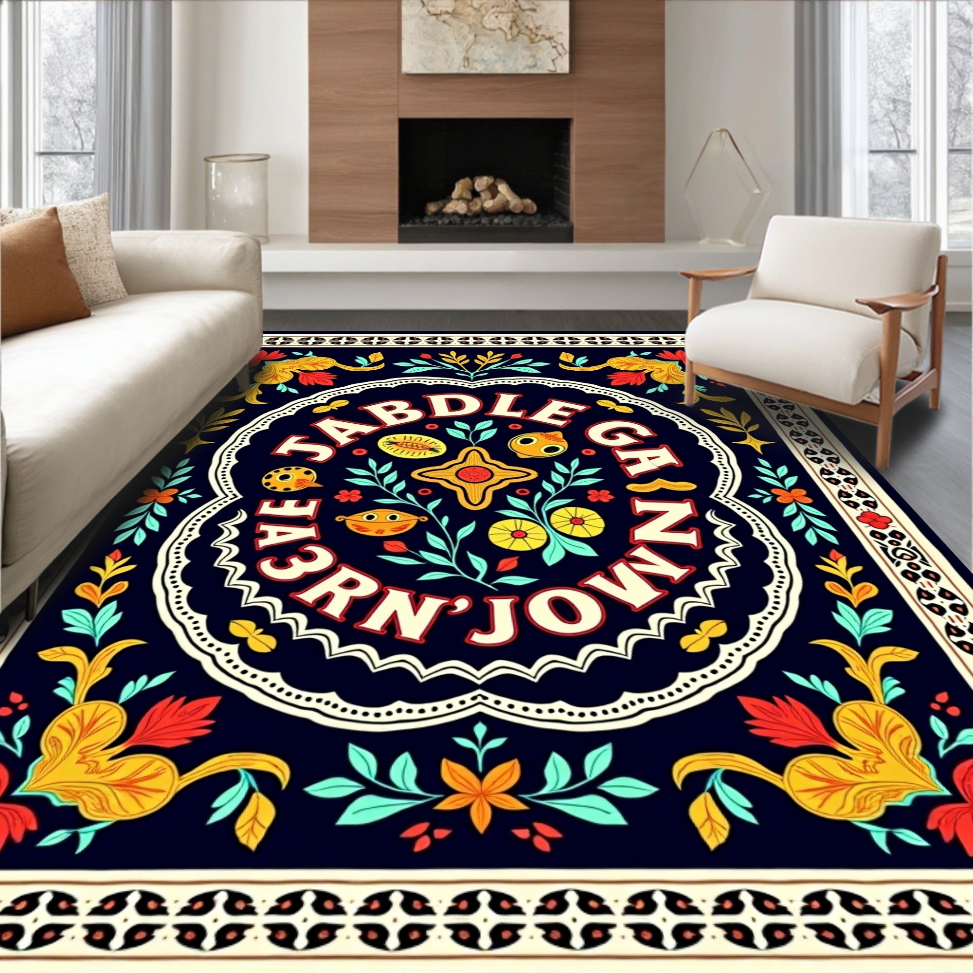 Bold Red Yellow Floral Border Rug