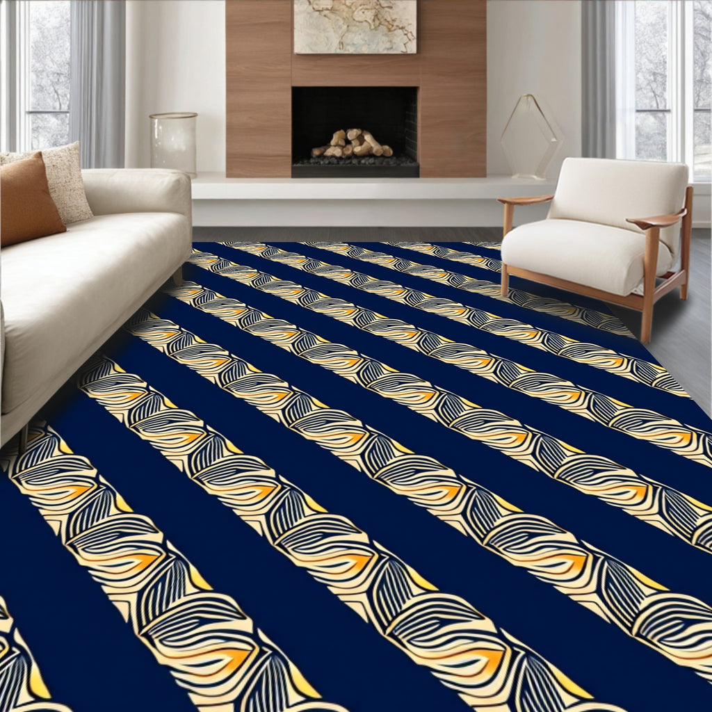 Navy Blue Golden Woven Diagonal Stripes Rug