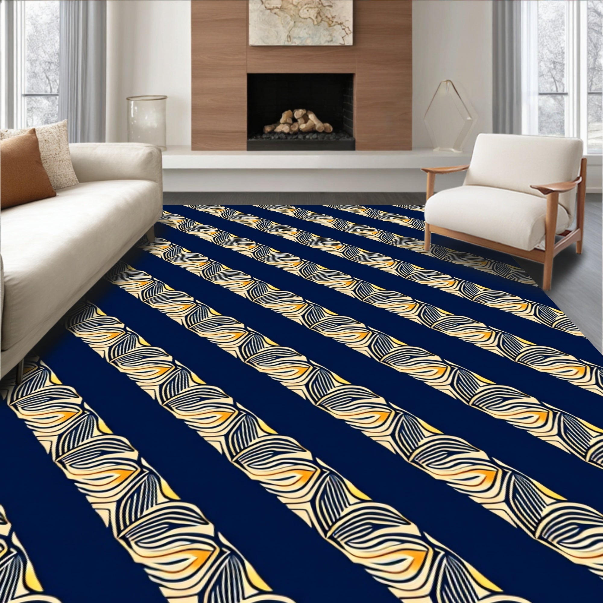 Navy Blue Golden Woven Diagonal Stripes Rug