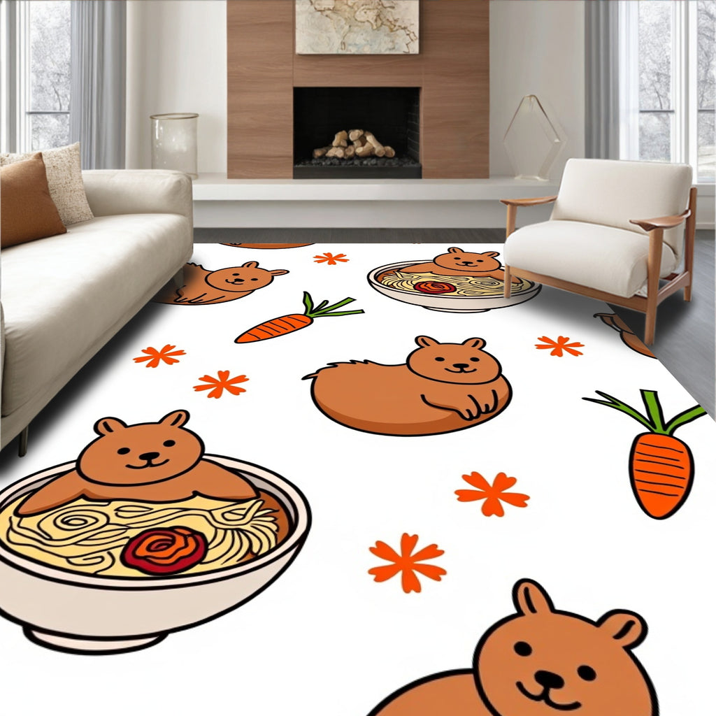 Cute Brown Bear Noodle Bowl Carrot Rug