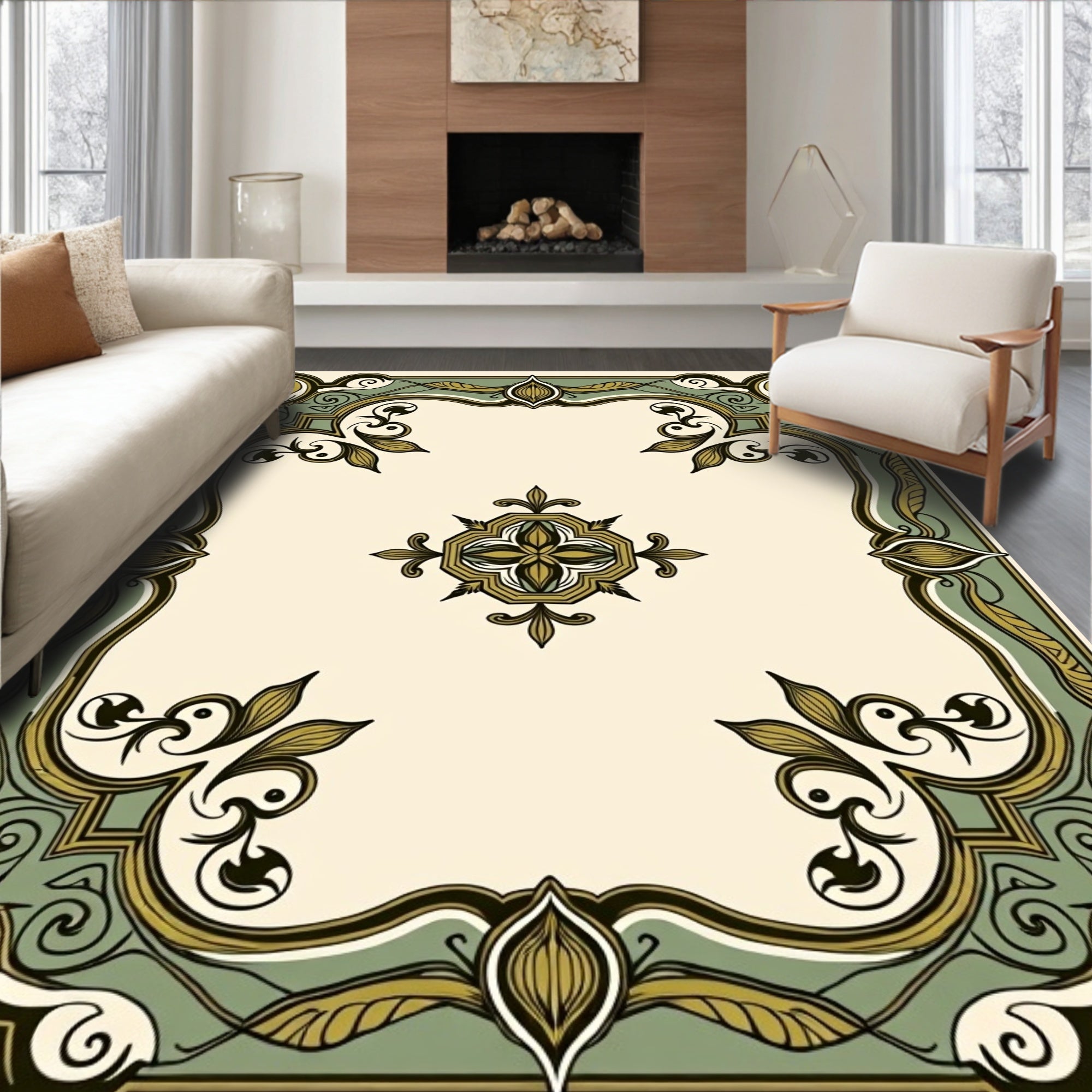 Elaborate Gold Green Floral Frame Rug