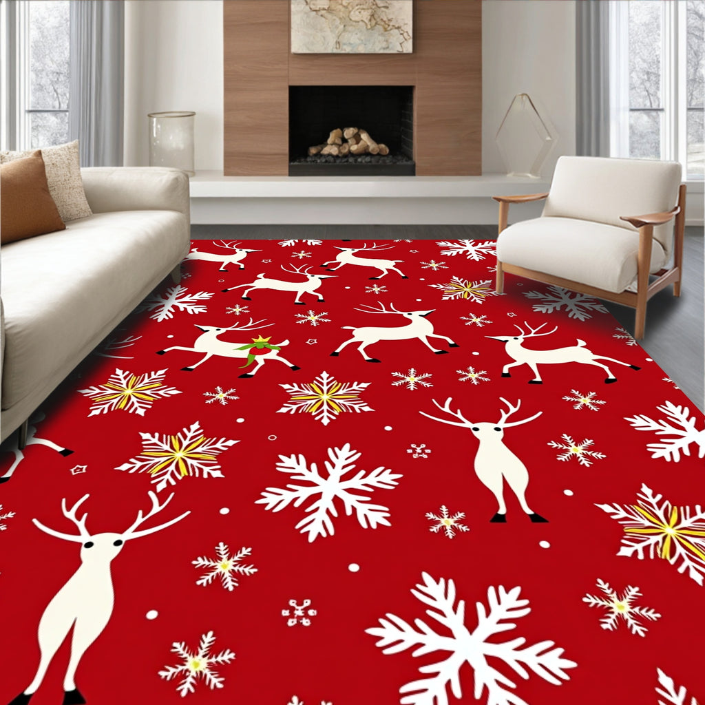 Red Reindeer Snowflake Repeating Pattern Rug