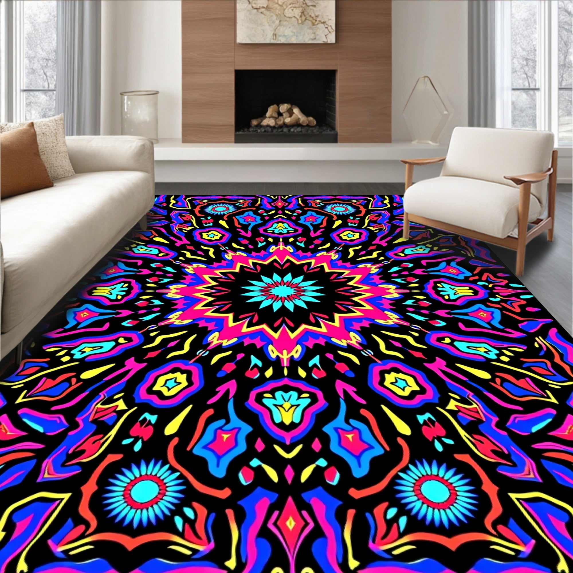 Vibrant Psychedelic Starburst Mandala Rug