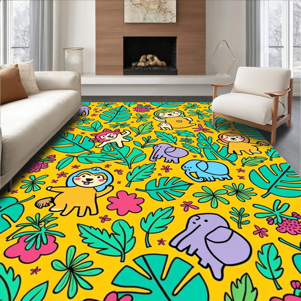 Jungle Animals And Monstera Leaves Rug
