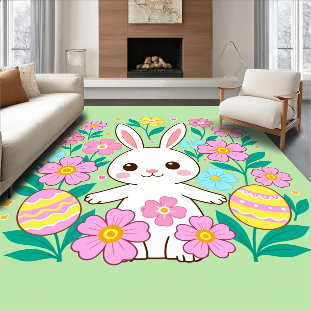 Cute White Rabbit Pink Yellow Floral Easter Rug