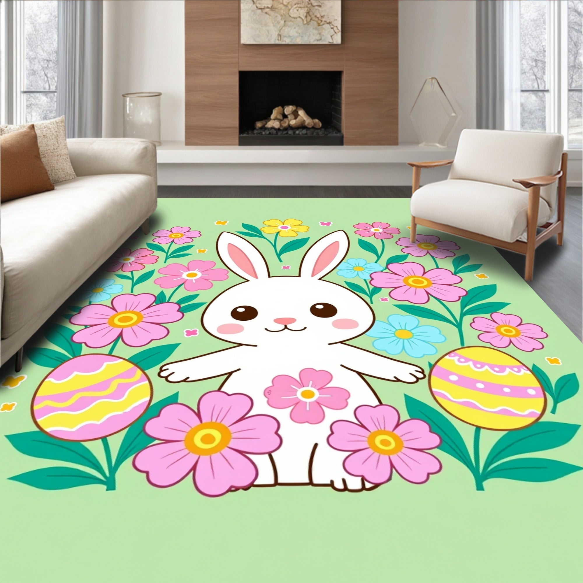 Cute White Rabbit Pink Yellow Floral Easter Rug