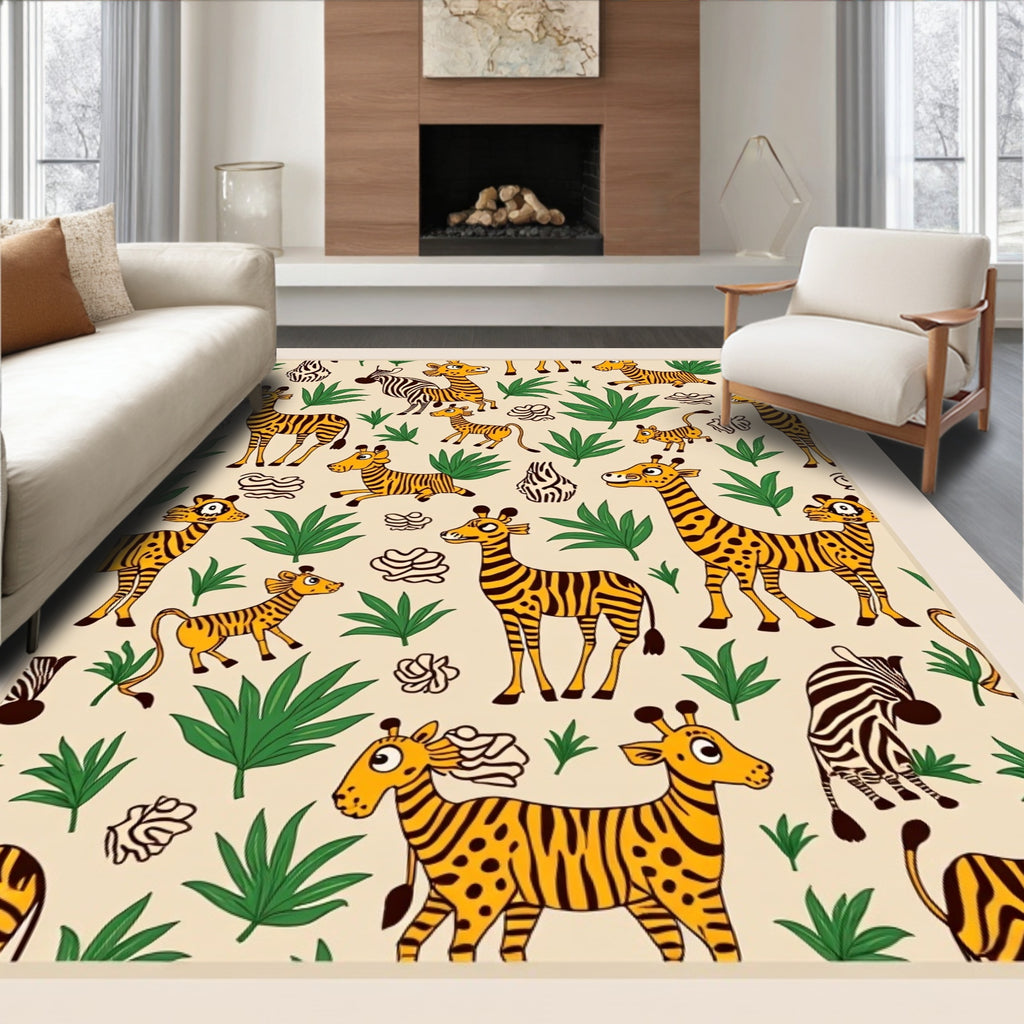 Whimsical Safari Animals Green Foliage Rug