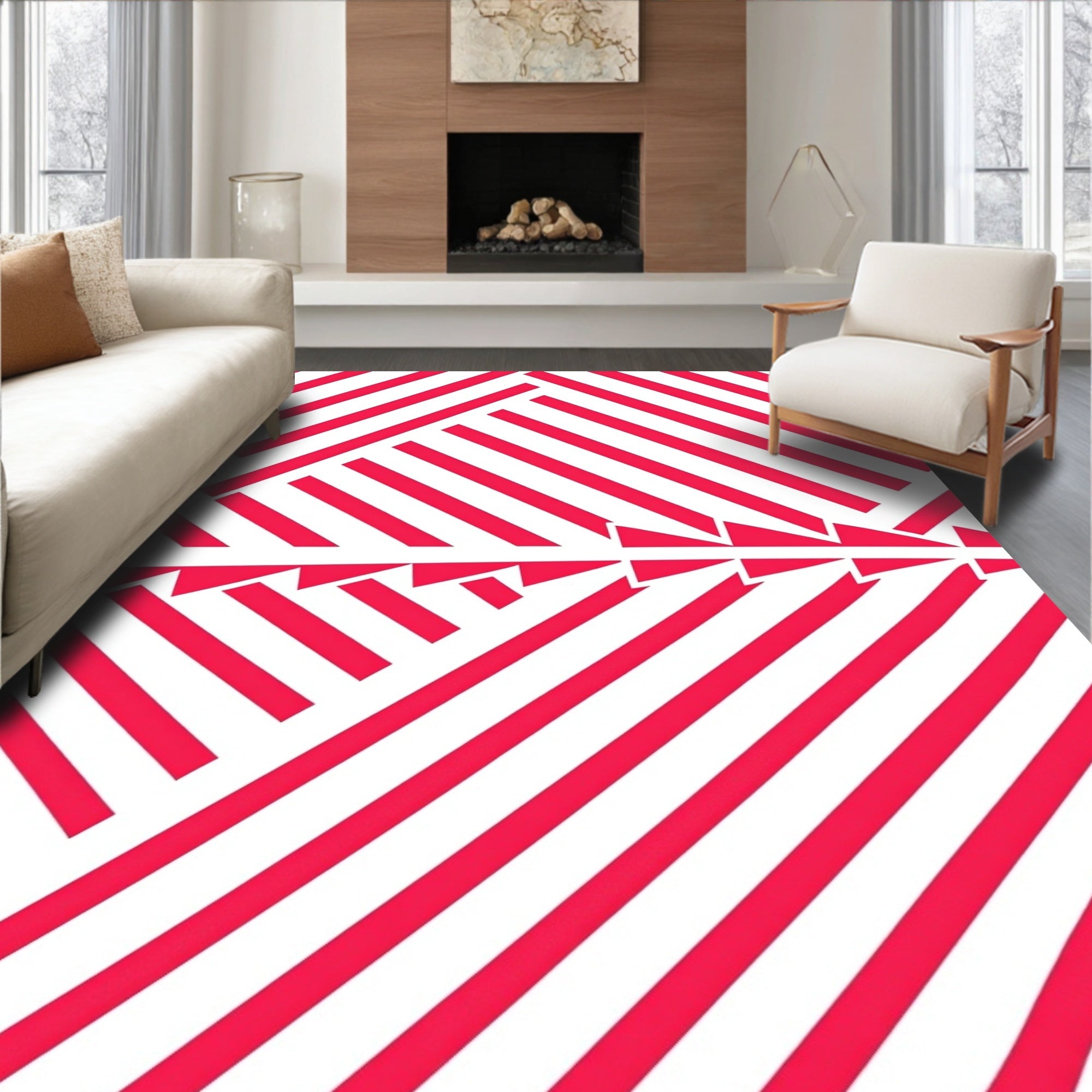 Red White Angular Strips Rug