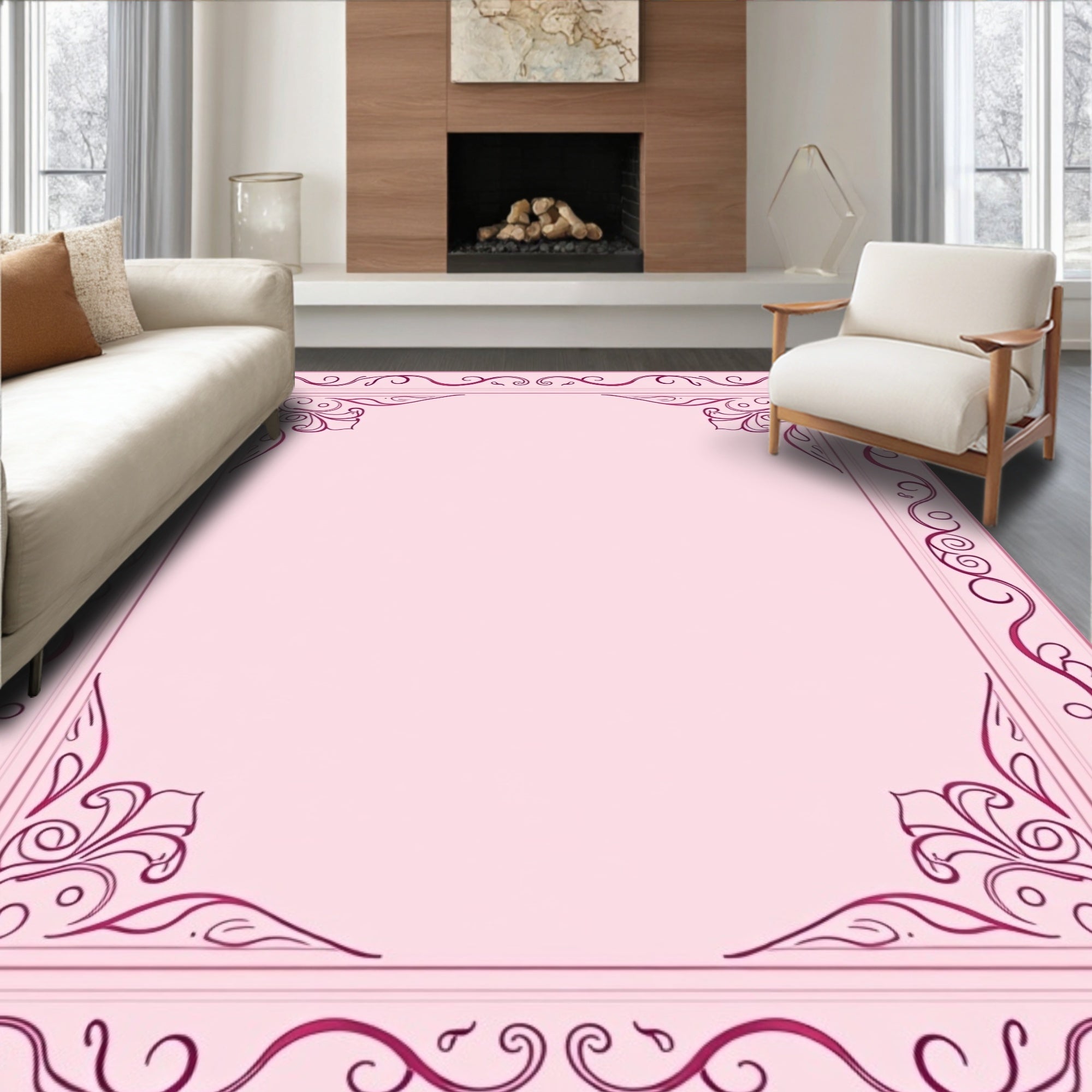 Delicate Lilac Scrollwork Border Rug