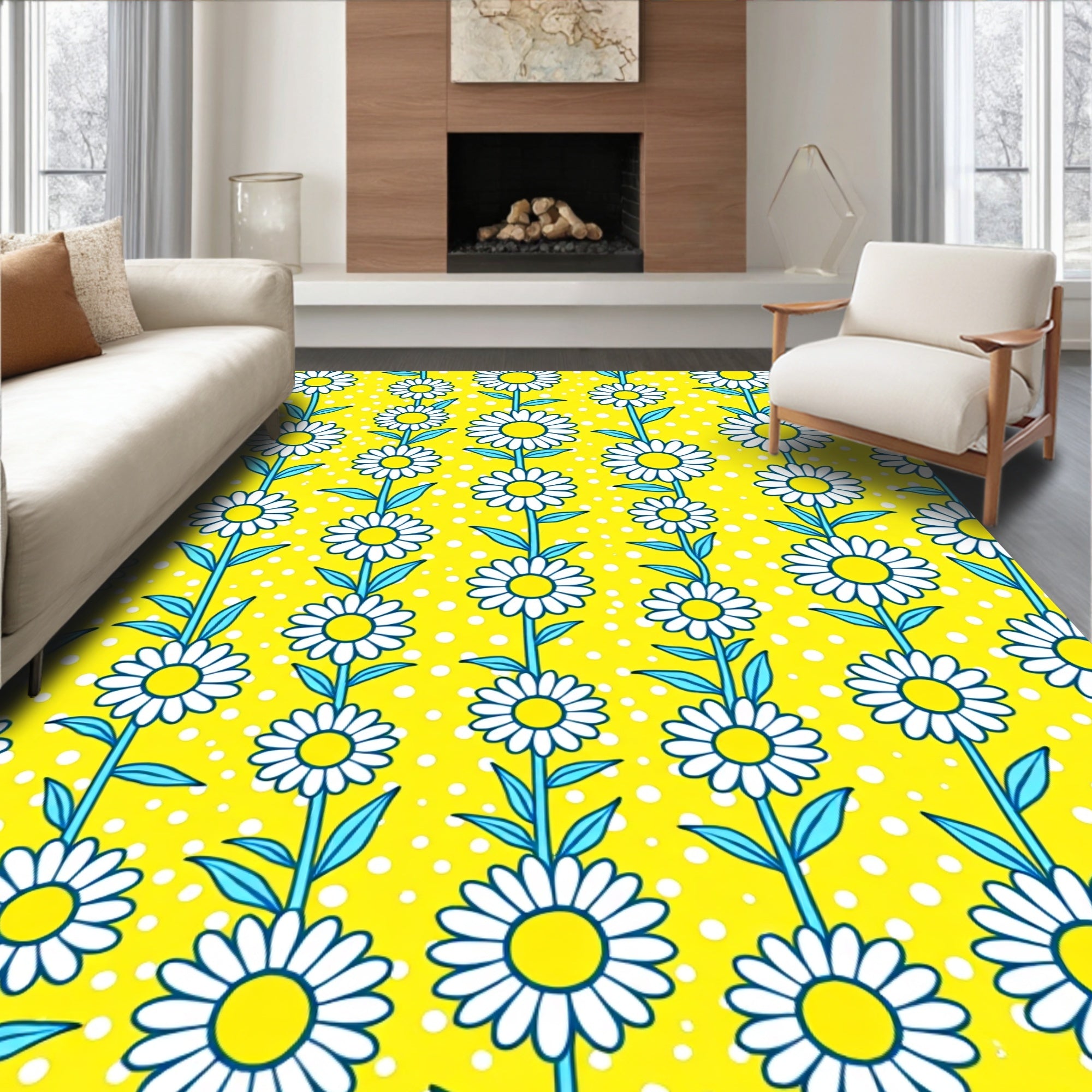 Yellow Daisy Floral Polka Dot Rug