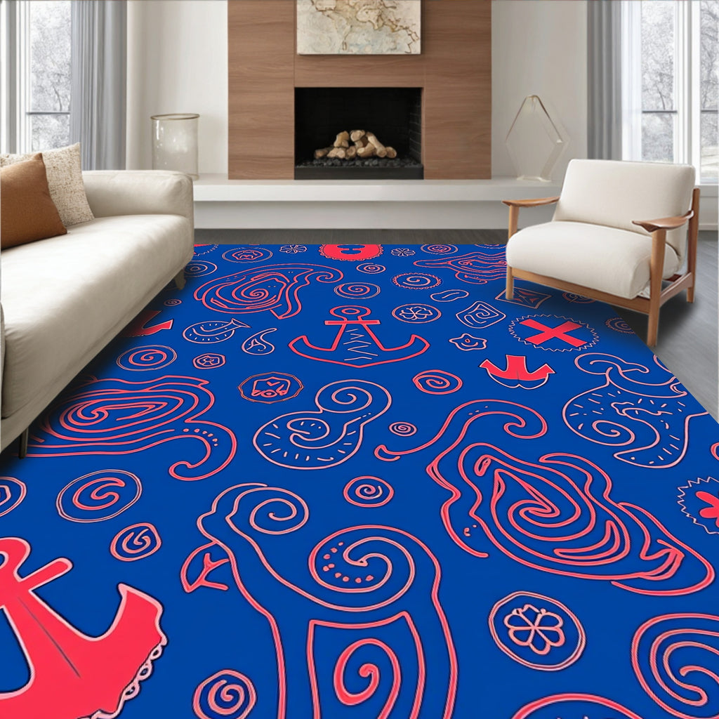 Coral Red Nautical Collage Rug