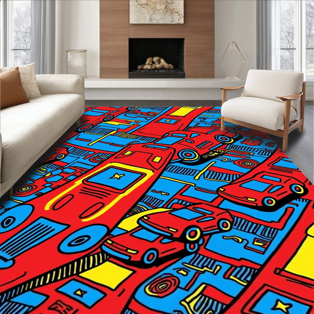 Red Blue Yellow Cars Collage Rug