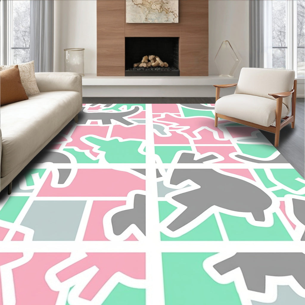 Pink Mint Gray Animal Blocks Rug
