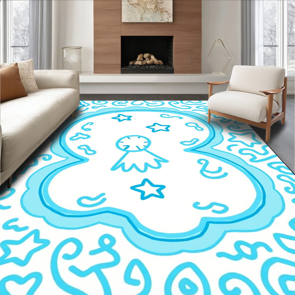 Playful Aqua Stars Swirls Rug