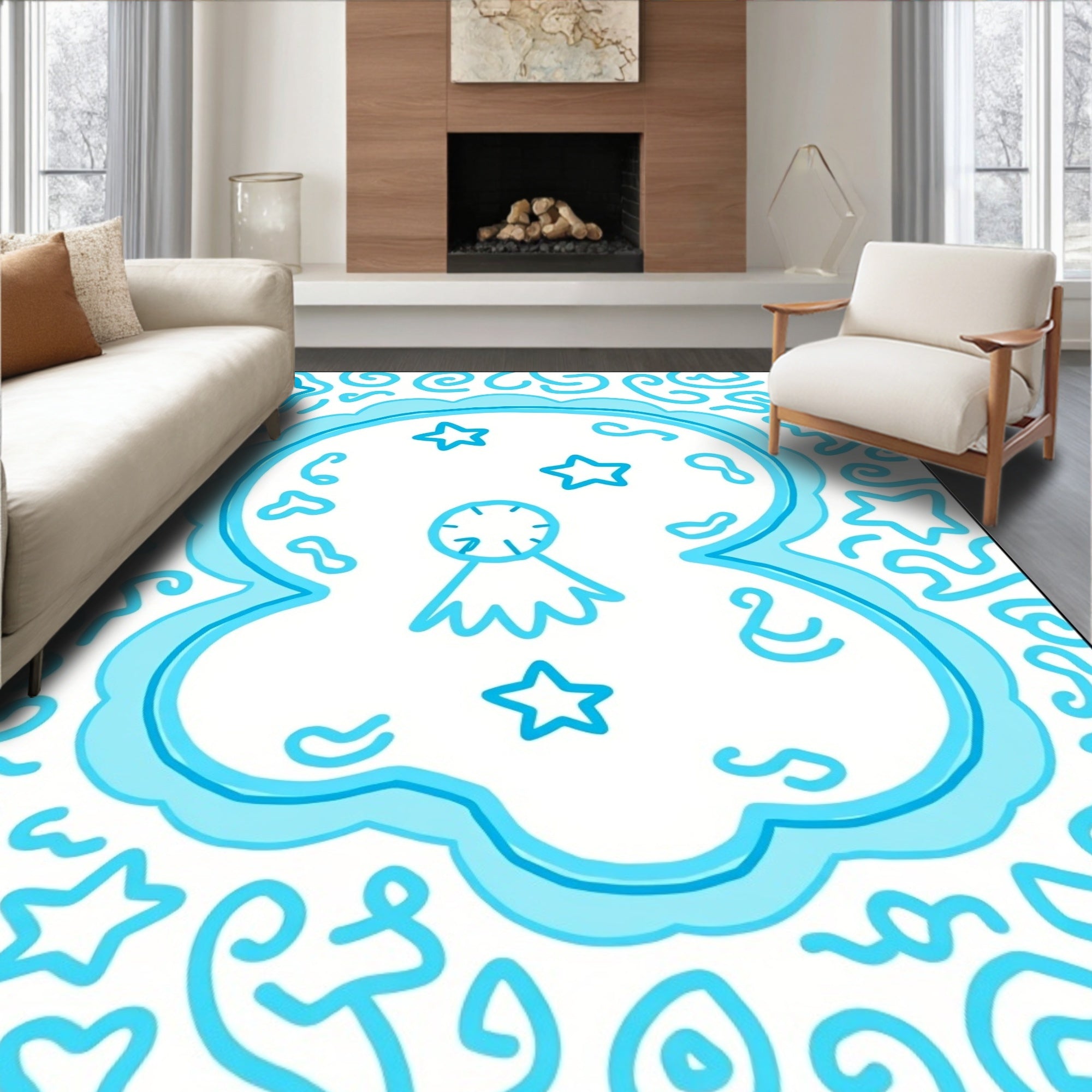 Playful Aqua Stars Swirls Rug