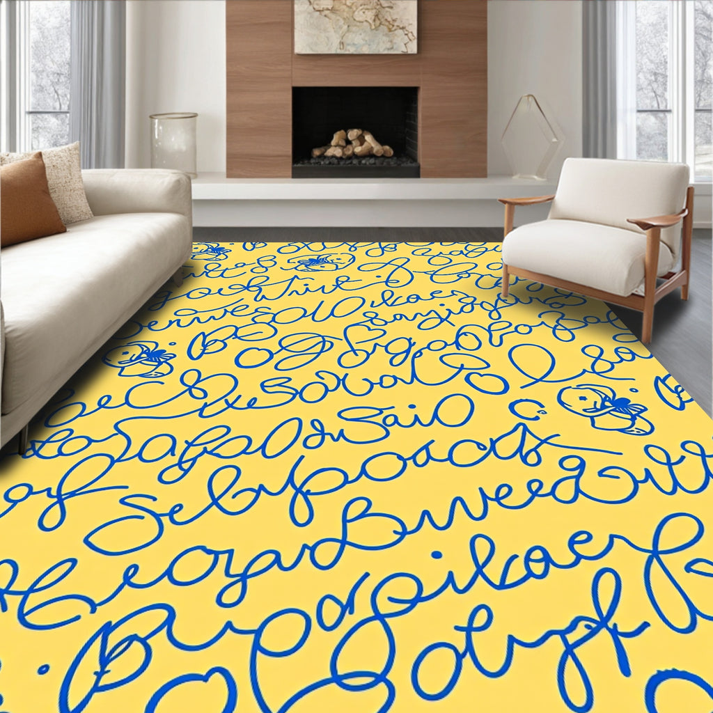 Blue Calligraphy With Duck Embellishments Rug