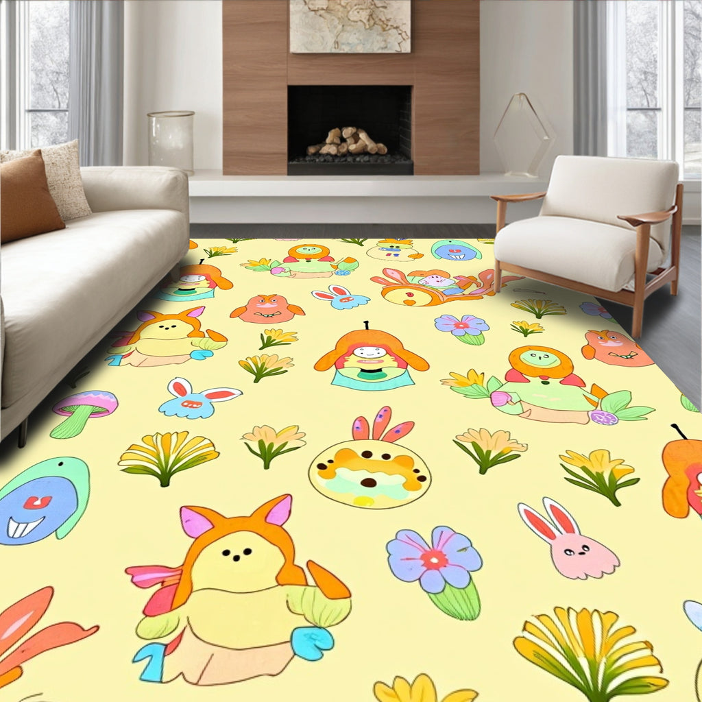 Whimsical Kawaii Characters Colorful Blooms Rug