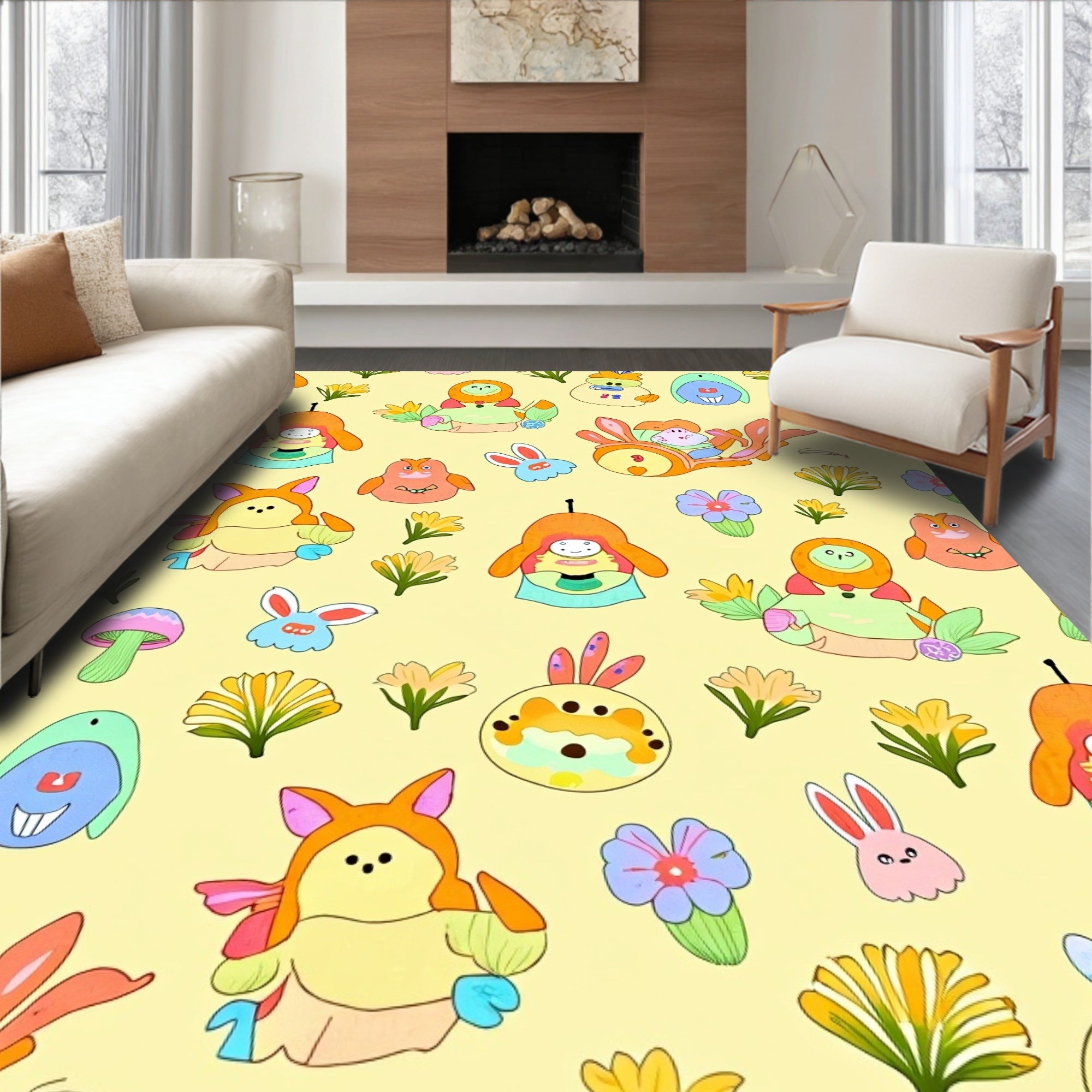 Whimsical Kawaii Characters Colorful Blooms Rug
