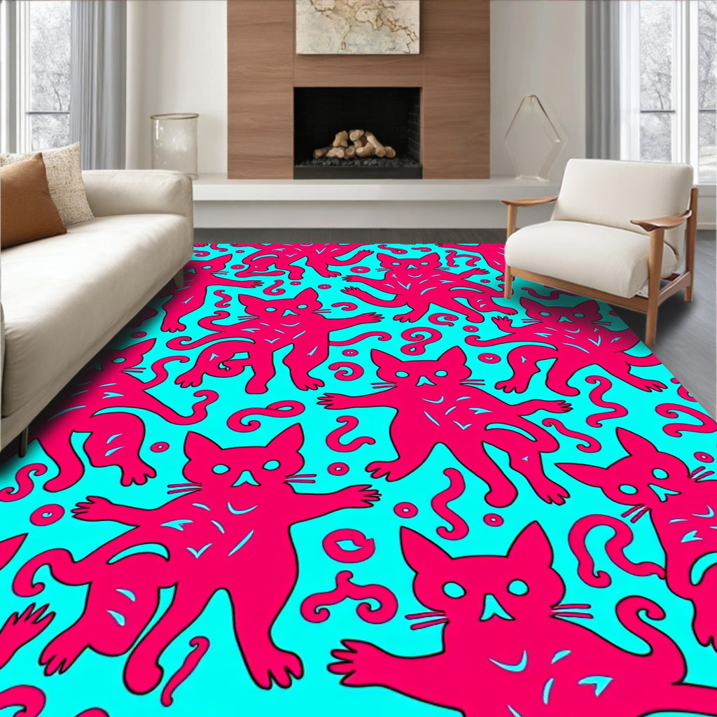 Radical Pink Feline Aqua Swirls Rug