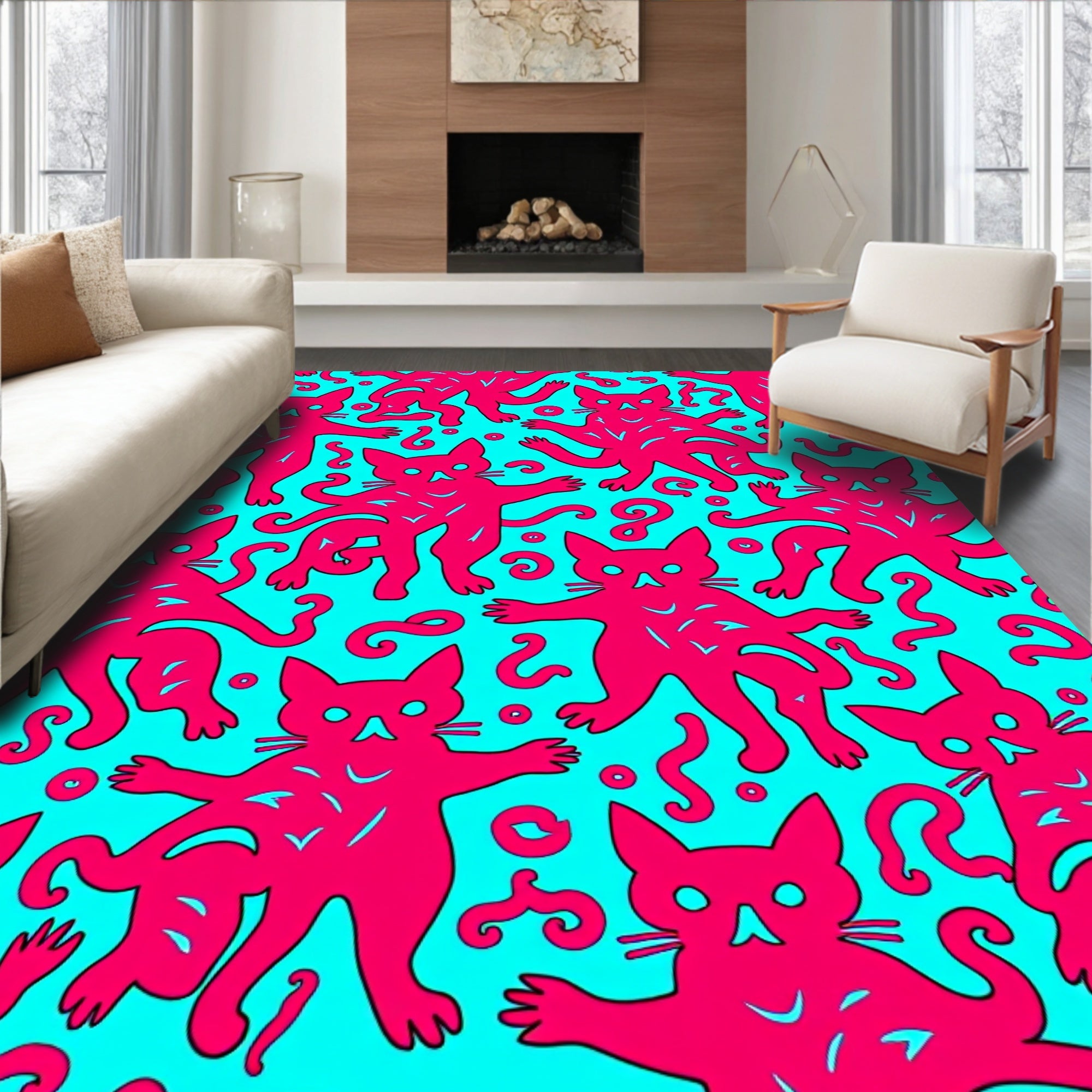 Radical Pink Feline Aqua Swirls Rug