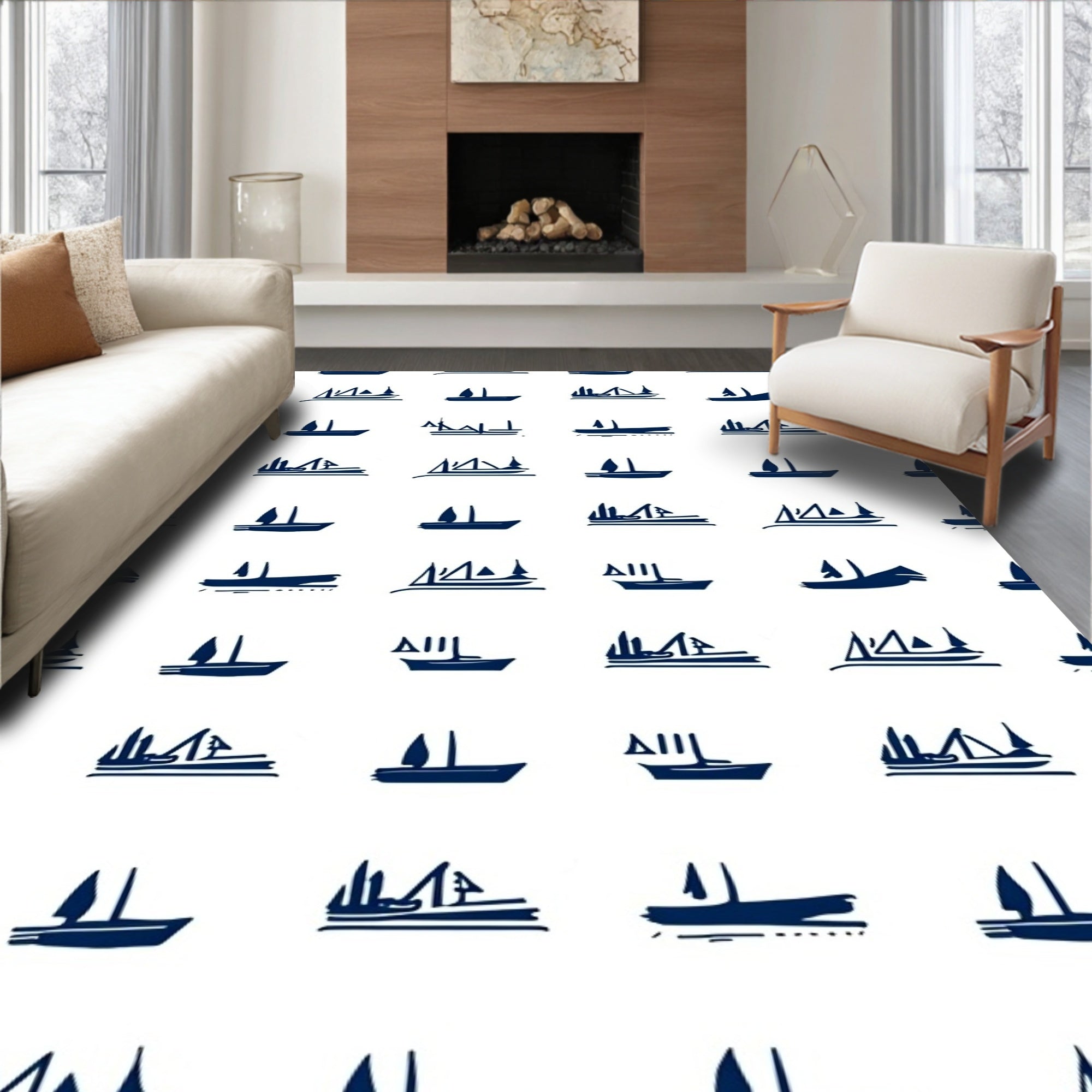 Navy Blue Sailing Ship Collage Rug