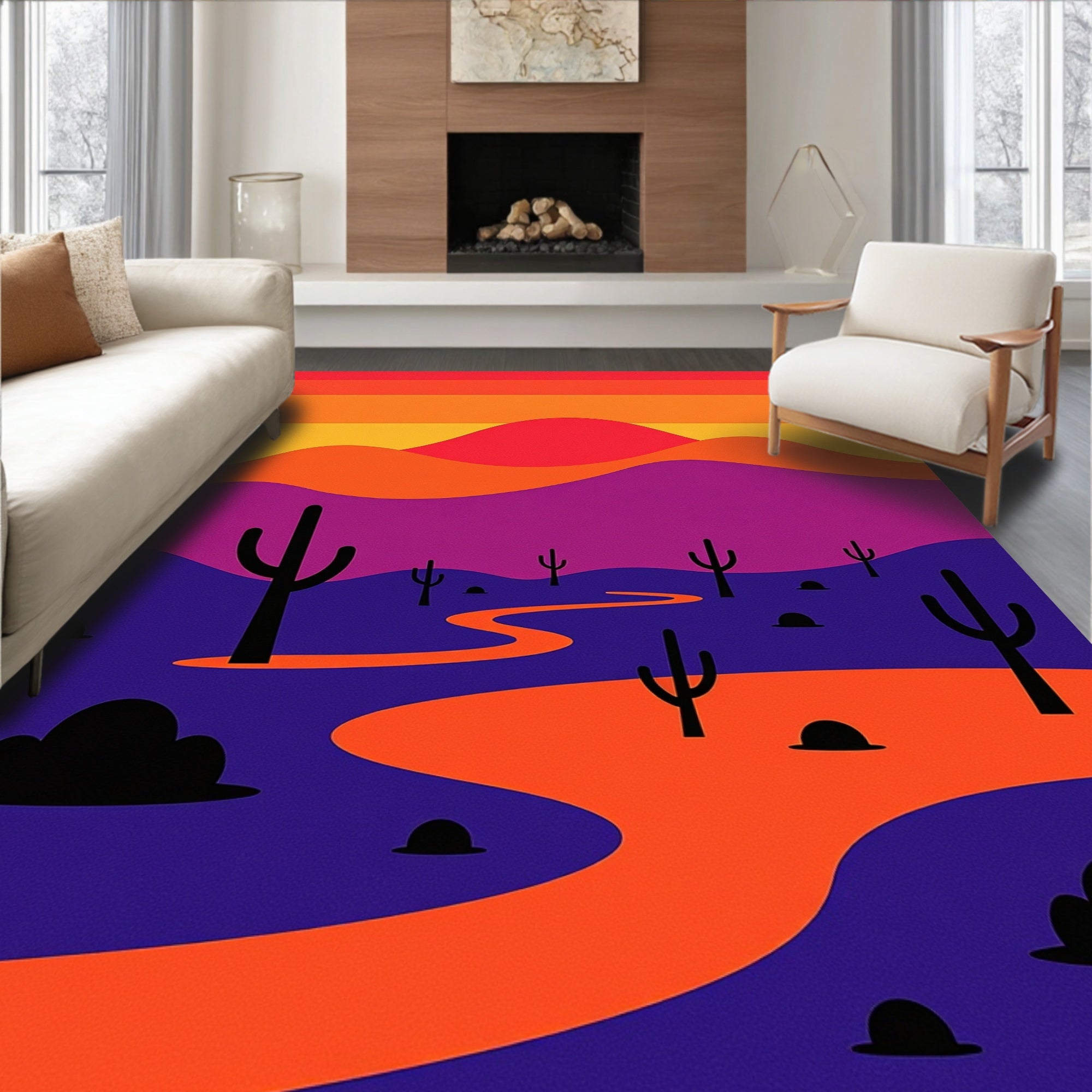 Sunset Desert Cacti Winding Path Rug