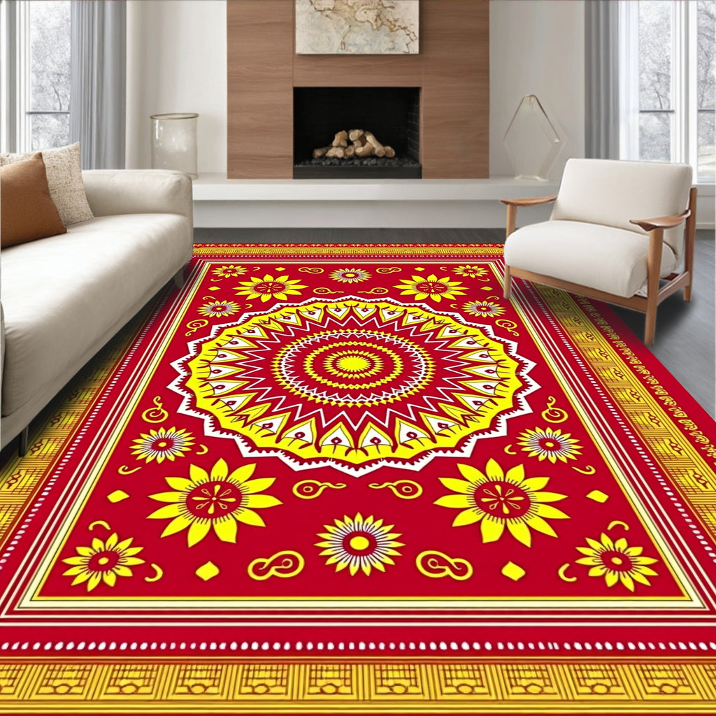 Red Yellow Sunburst Medallion Floral Rug