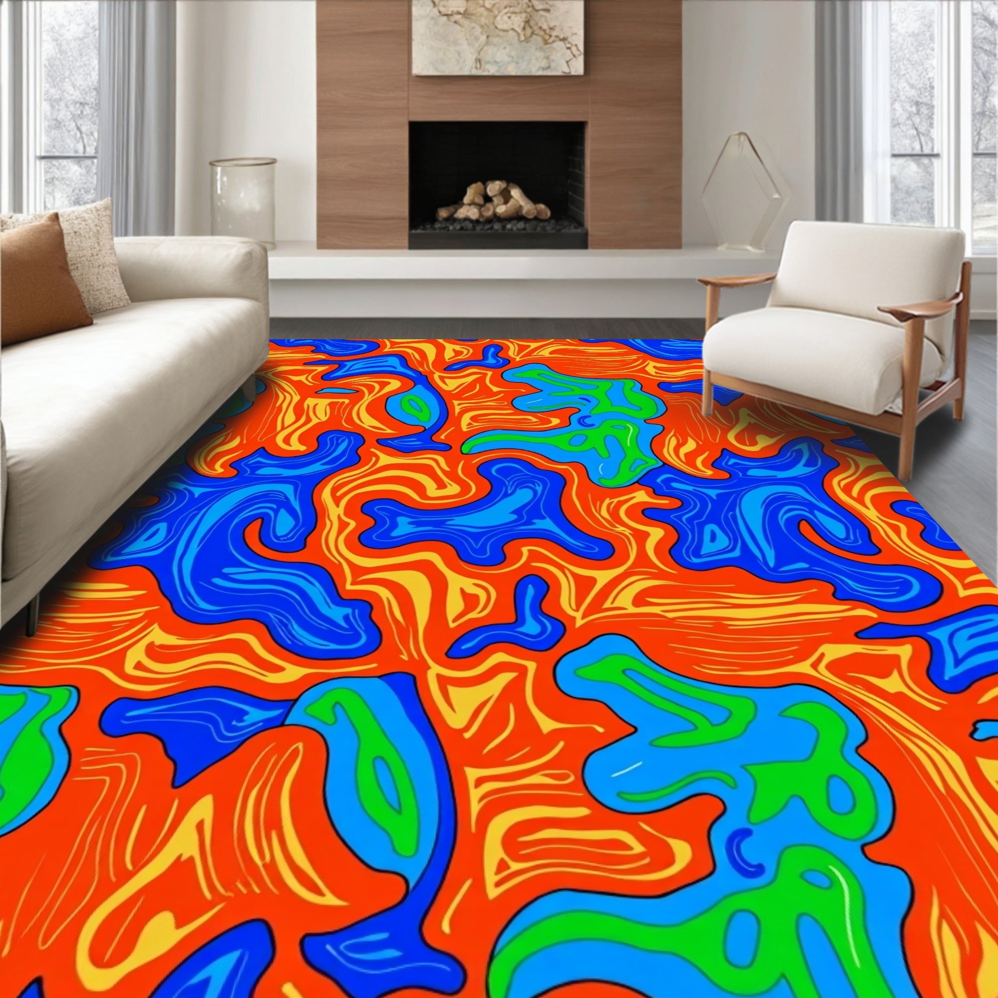 Vibrant Abstract Blue Green Orange Swirl Rug