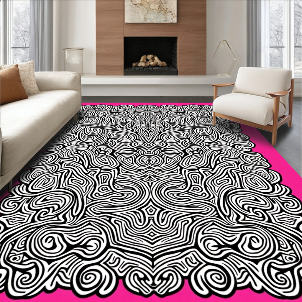 Pink Black Abstract Swirl Mandala Rug