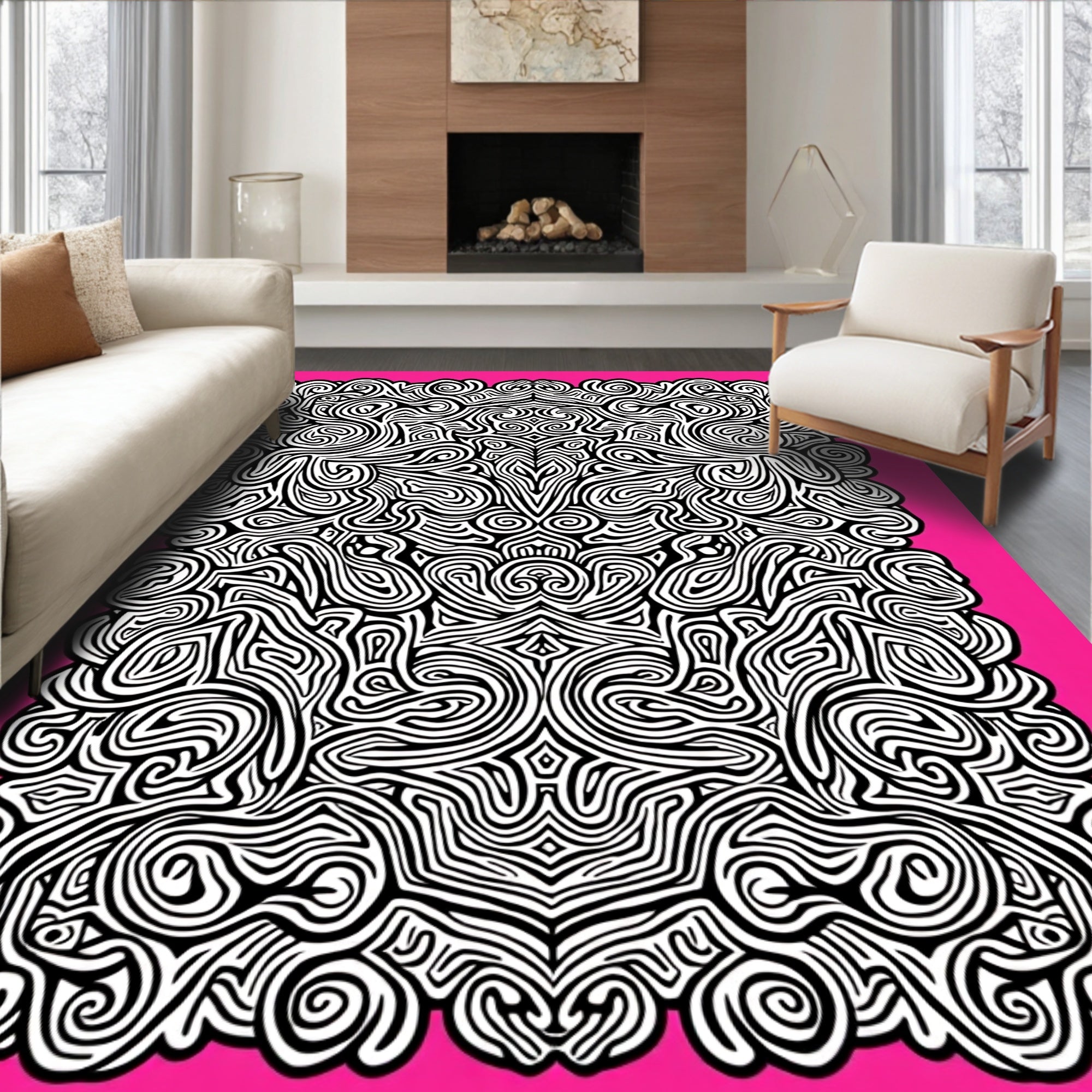 Pink Black Abstract Swirl Mandala Rug