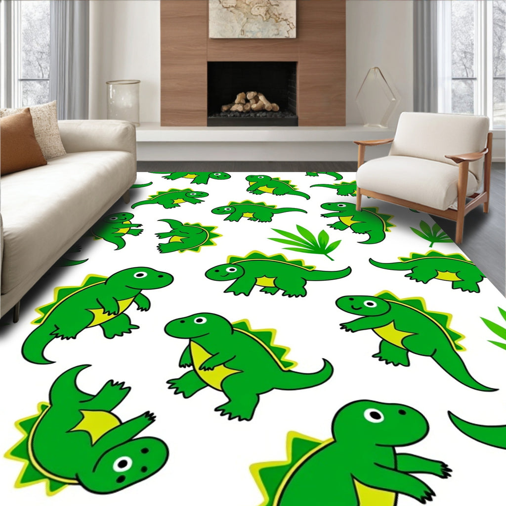 Playful Green Dinosaur Jungle Scene Rug