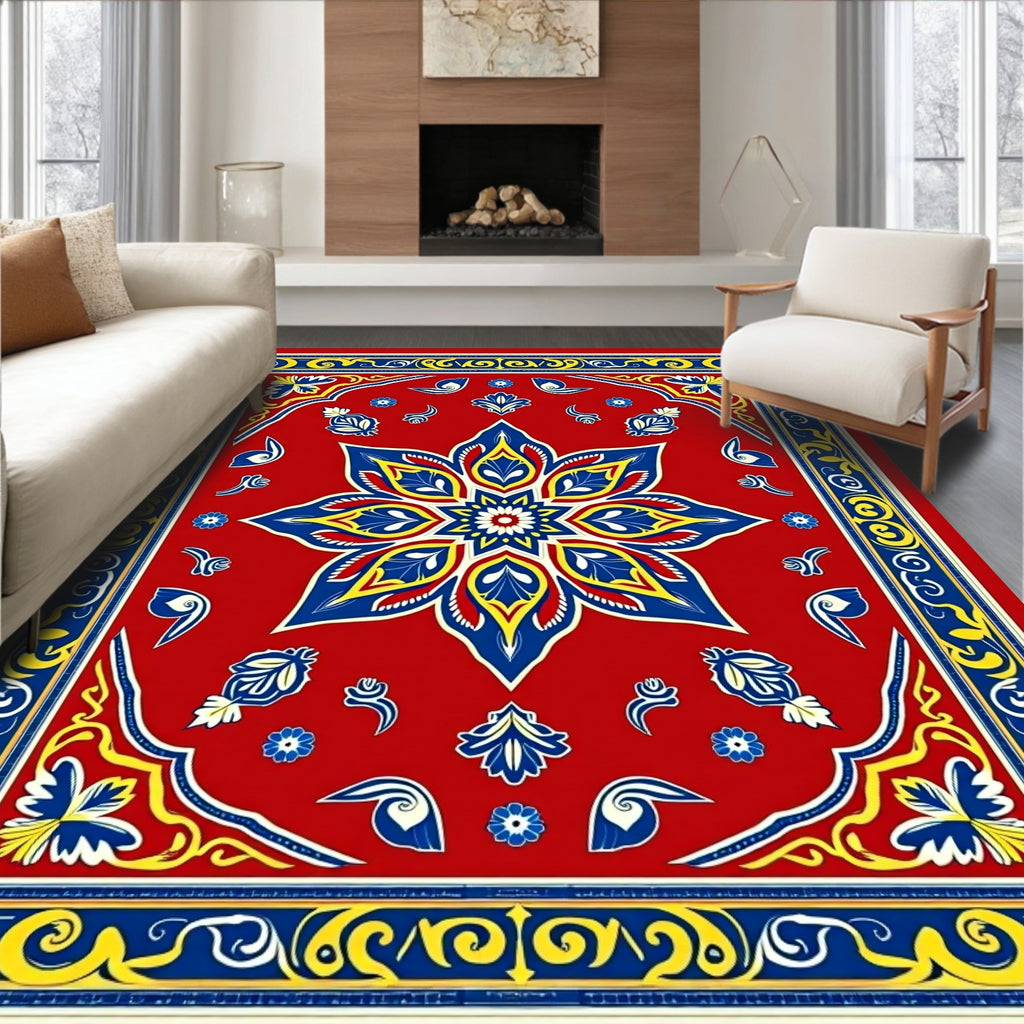 Vibrant Red Geometric Floral Medallion Rug