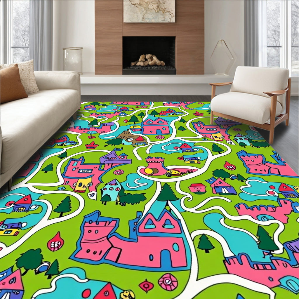 Whimsical Pink Castle Village Landscape Rug