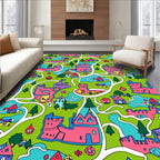 Whimsical Pink Castle Village Landscape Rug