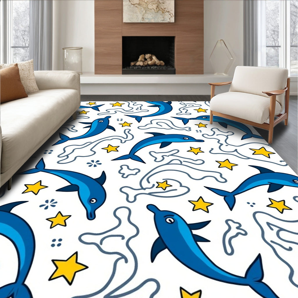 Blue Dolphins And Yellow Stars Rug